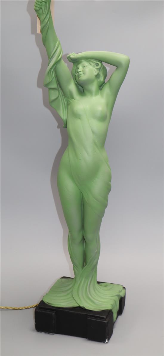 An over painted art deco style plaster figurative table lamp Height 84cm